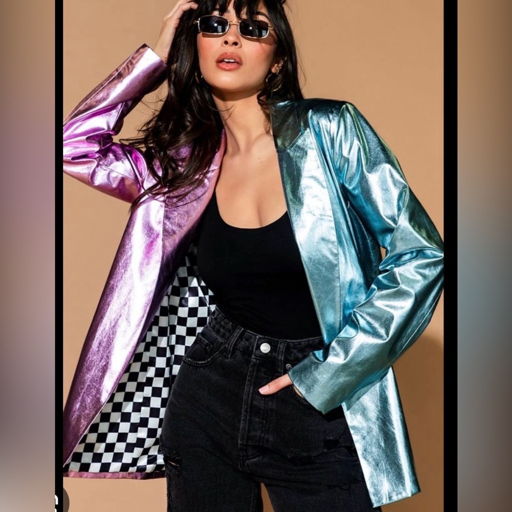 Dressed in Lala Metallic Pink & Teal Split Blazer with Checkered Lining